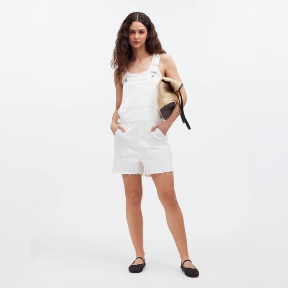 NWT MADEWELL‎ Women’s Denim Oversized Carpenter Shortalls Raw Hem Tile White XXL - Picture 2 of 16